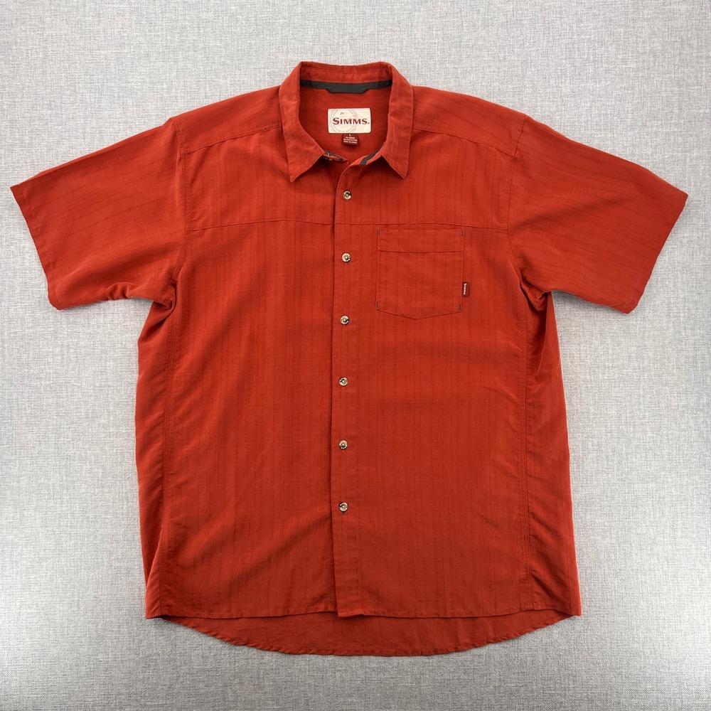 Simms Short Sleeve Button Up Shirt‎ Men Large Orange Fishing Outdoor Lightweight